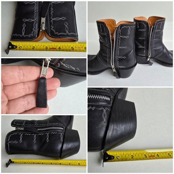 Lucchese Mila Boots Size 8 Black Leather Short Boot Side Zip Snub Toe Embroidery - Picture 12 of 16